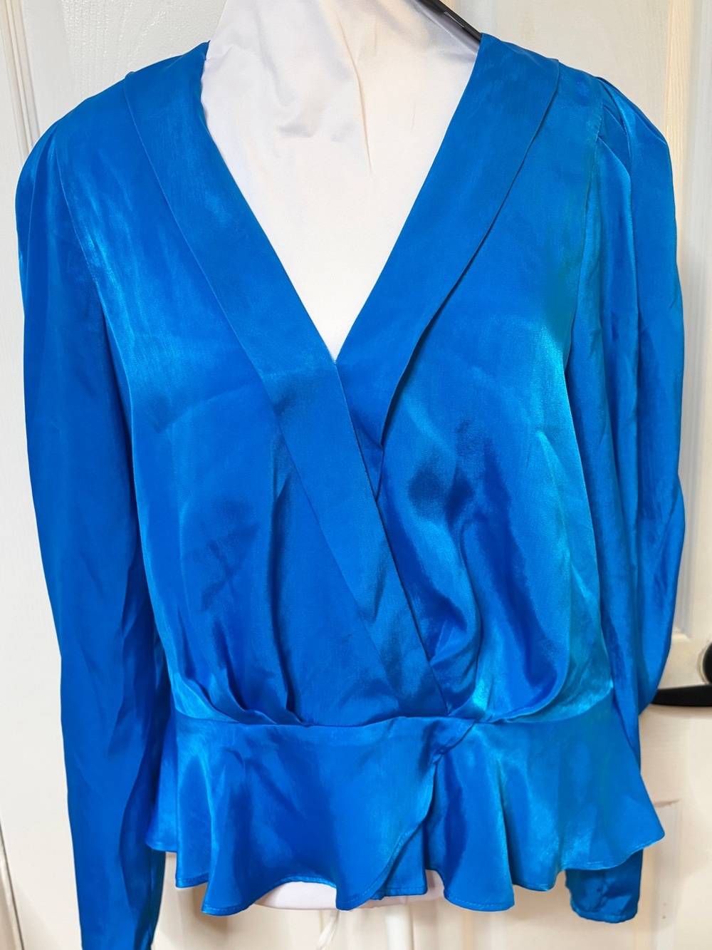 Dkny Vibrant Blue Satin V-Neck Wrap Blouse